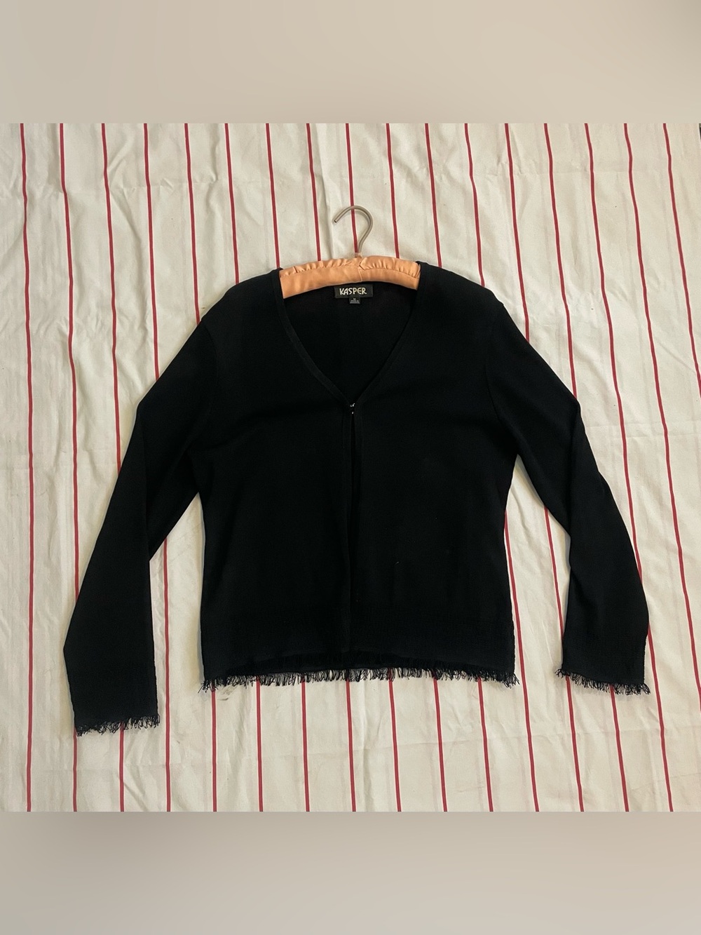 Vintage 90s Kasper Black Basketweave Cardigan Eyelash Fringe Trim